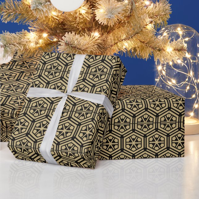 Retro gold black hexagonal geometric pattern wrapping paper (Holidays)