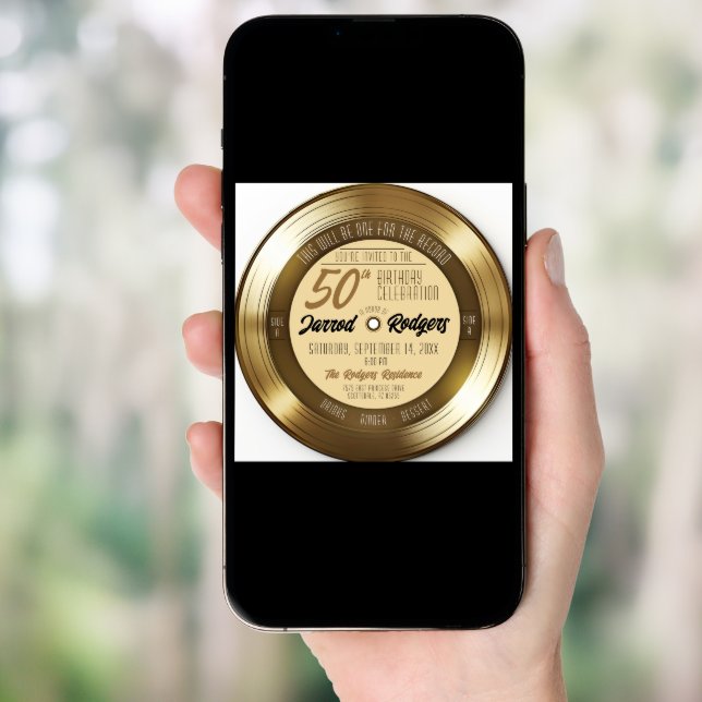 Retro Gold Black Vinyl Record 50th Birthday Party Invitation (Front Digital)