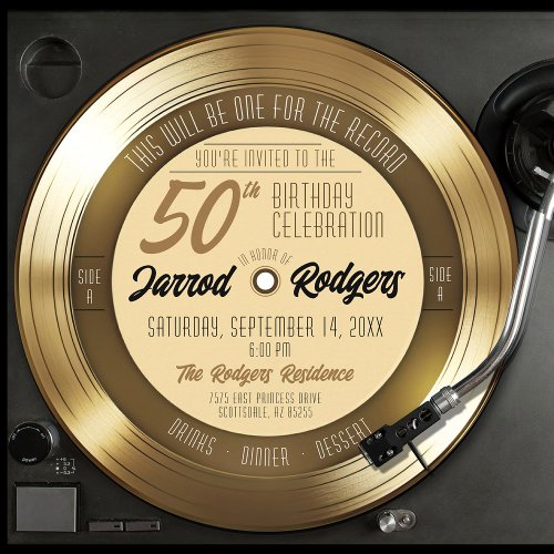 Retro Gold Black Vinyl Record 50th Birthday Party Invitation