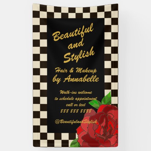 Retro Gold Black White Chessboard Red Rose Banner