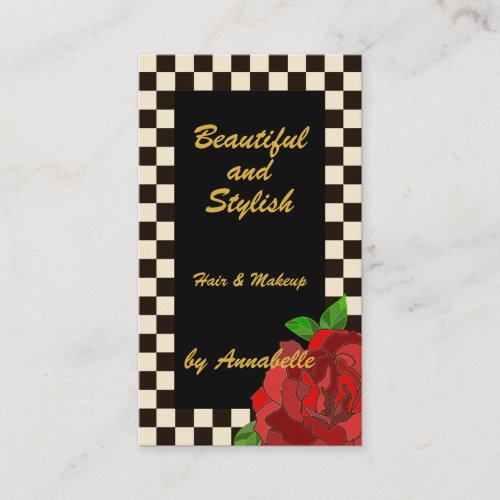 Retro Gold Black White Chessboard Red Rose Business Card