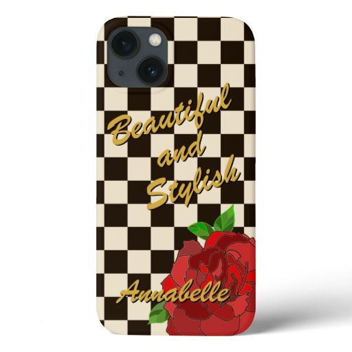 Retro Gold Black White Chessboard Red Rose iPhone 13 Case