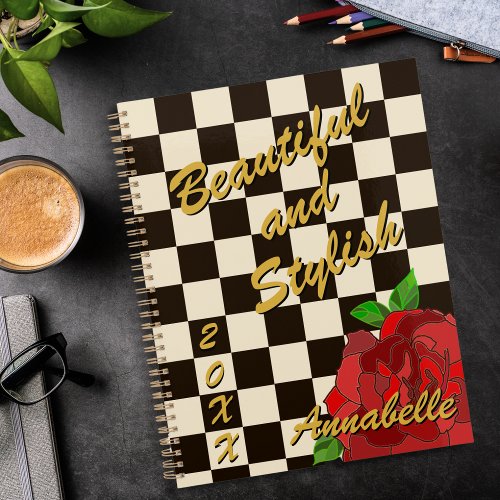 Retro Gold Black White Chessboard Red Rose Planner