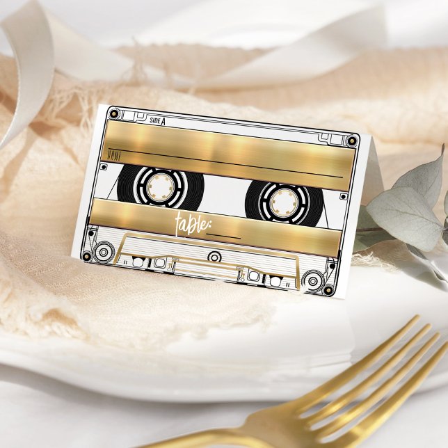Retro Gold Cassette Tape Wedding Folded Place Card (Retro vinyl record music theme cassette tape black gold folded wedding reception table place card)