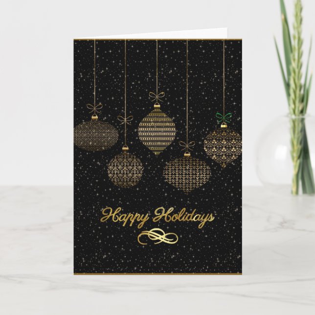 Retro Gold Christmas Ornaments Happy Holidays Holiday Card (Front)