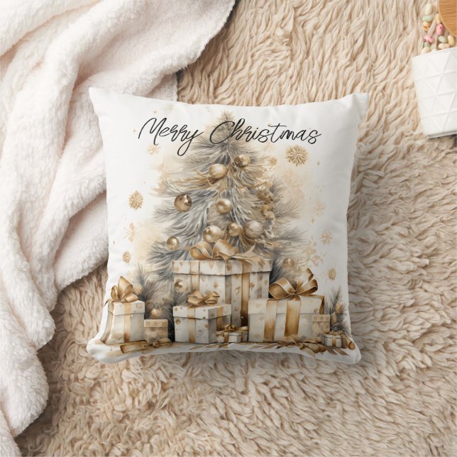 Retro Gold Christmas Tree  Throw Pillow (Blanket)