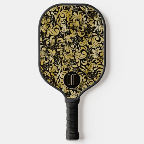 Retro Gold Damask Pattern on Black Monogram Pickleball Paddle