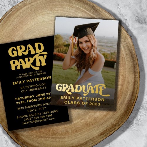 Retro Gold Foil Graduate Photo Party Foil Invitation