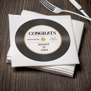 Retro Gold Glitter Vinyl Record Congrats Wedding Napkins