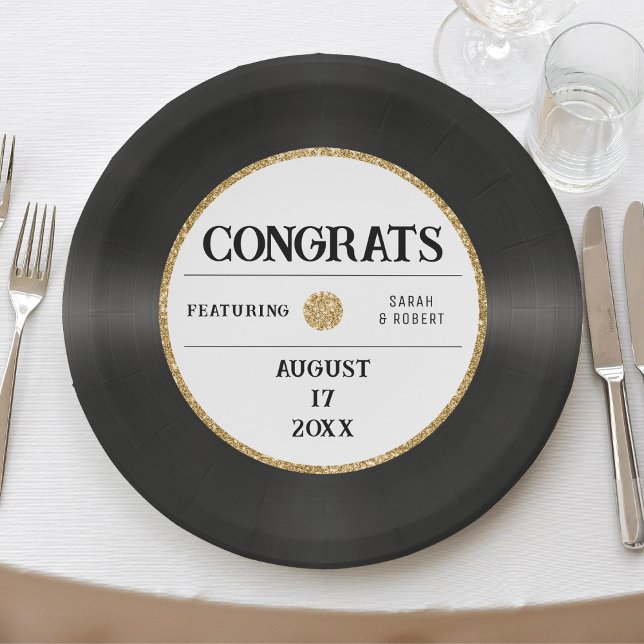 Retro Gold Glitter Vinyl Record Congrats Wedding Paper Plates (Retro Gold Glitter Vinyl Record Congrats Wedding Paper Plates
)