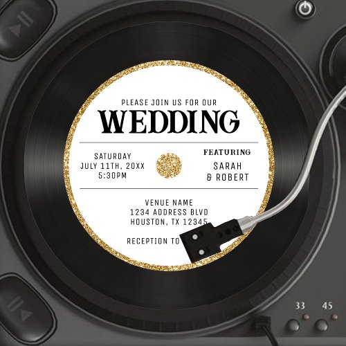 Retro Gold Glitter Vinyl Record Wedding Invitation