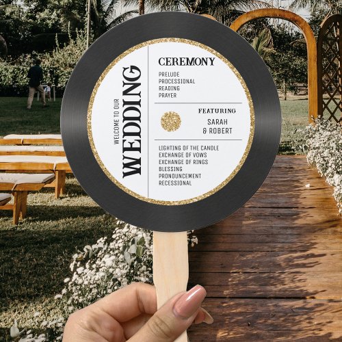 Retro Gold Glitter Vinyl Record Wedding Program Hand Fan