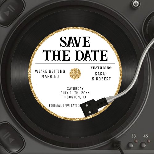 Retro Gold Glitter Vinyl Record Wedding Save The Date