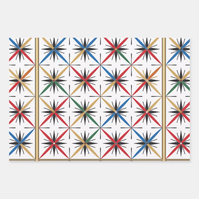 Retro Gold, Green and Red Christmas Wrapping Paper Sheets (Front)