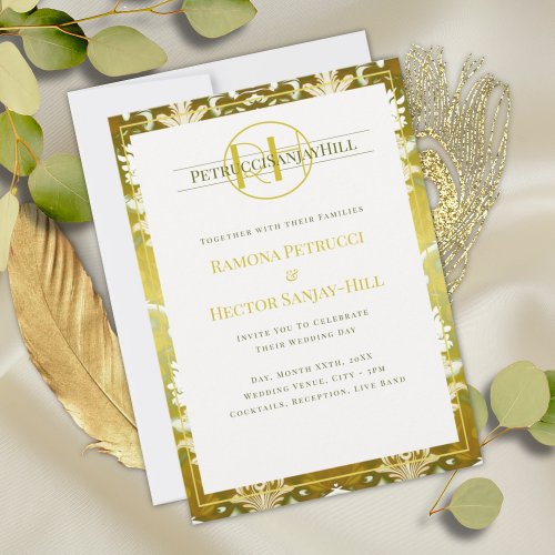 Retro Gold Green Damask Wedding Invitation