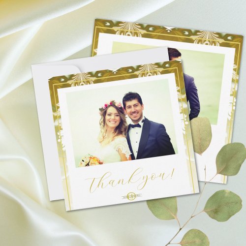 Retro Gold Green Damask Wedding Thank You Card
