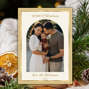 Retro Gold Plaid Arch Photo Merry Christmas Holiday Card
