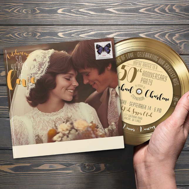 Retro Gold Record 50th Anniversary Album Cover Envelope (Retro return addressed 70's Album Cover photo 50th wedding anniversary party invitation envelope)