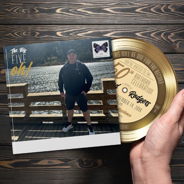 Retro Gold Record 50th Birthday Party Invitation Envelope (Gold Vinyl Record invitation photo album cover sleeve square envelope the Big Five Oh return address)