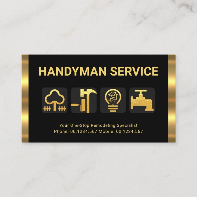 Retro Gold Stripes Handyman Tool Icons Business Card (Front)