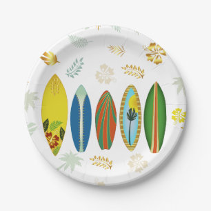 Retro Gold Tropical Coastal Surfboards  Paper Plates
