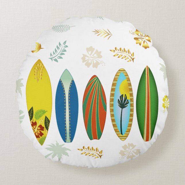 Retro Gold Tropical Coastal Surfboards  Round Pillow (Front)