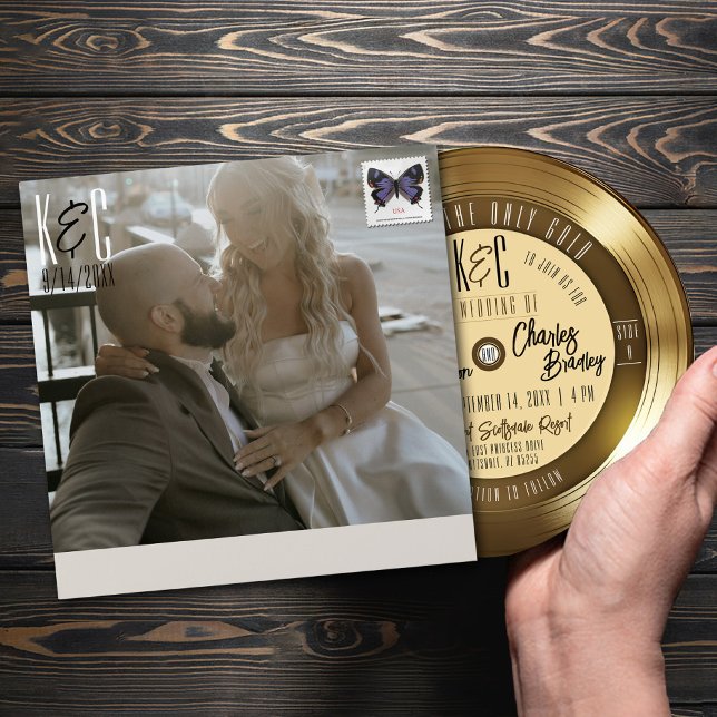 Retro Gold Vinyl Record Photo Wedding Invitation Envelope (Retro gold vinyl record wedding invitation square photo monogram self return addressed fun envelopes)