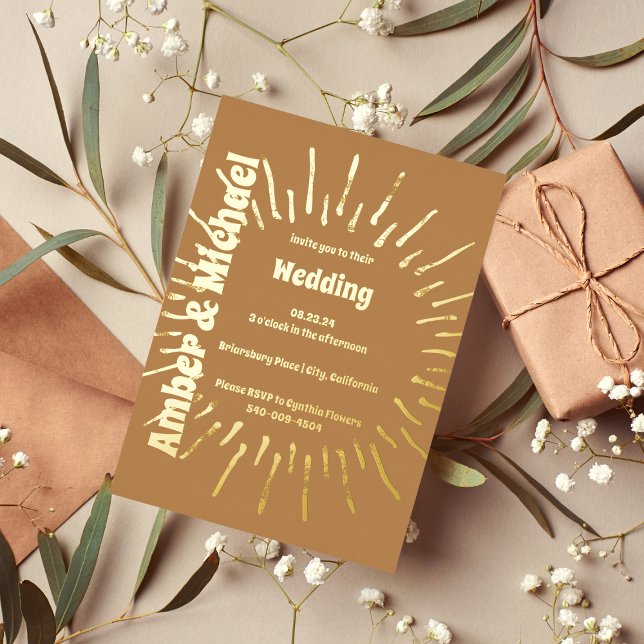 Retro Golden Brown and Gold Sun Wedding Foil Invitation (Creator Uploaded)