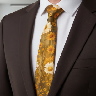Retro Golden Daisy Wildflowers - Rustic Fall Neck Tie
