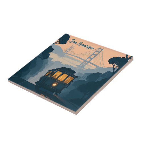 Retro Golden Gate Bridge, Cable Car, San Francisco Ceramic Tile