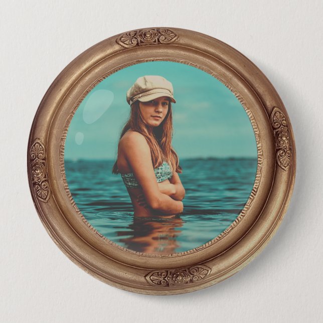 Retro Golden Stylish Portrait Photo display Button (Front)