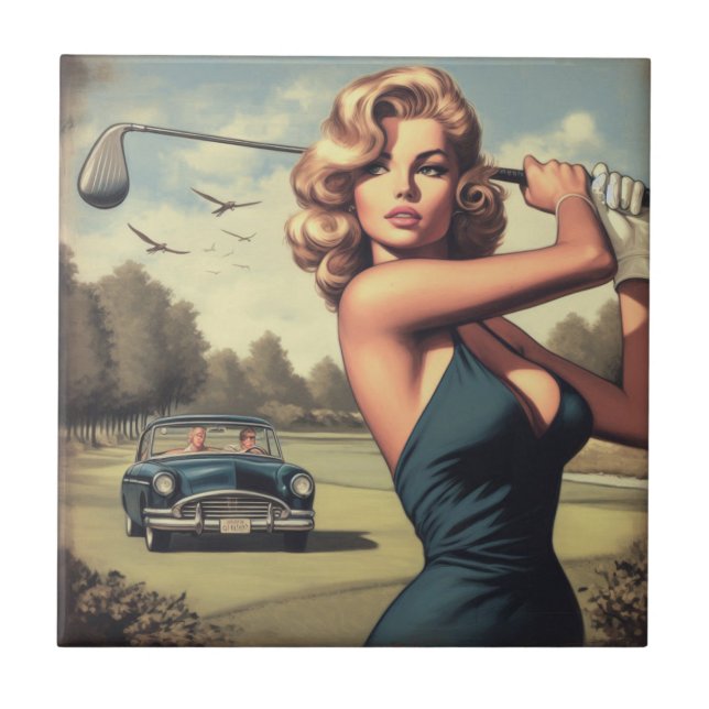 Retro Golf Girl Ceramic Tile (Front)