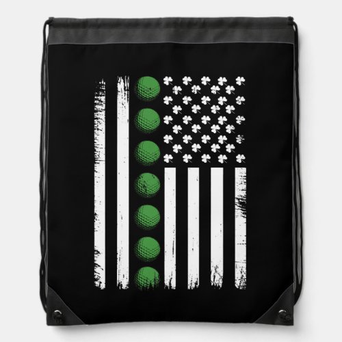 Retro Golf Shamrock Irish American Flag St Paddys Drawstring Bag