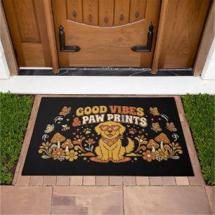 Retro Good Vibes and Paw Prints Golden Retriever Doormat