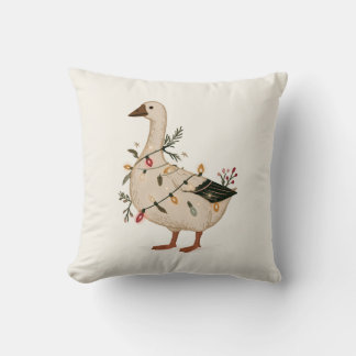 Retro Goose with String Lights and Winter Greenery Throw Pillow