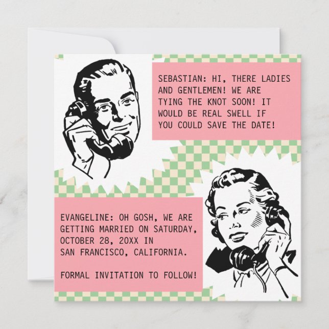 Retro Gossip Couple Save the Date Cards (Front)