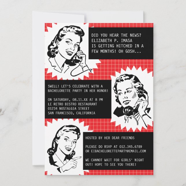 Retro Gossip Gals Bachelorette Party Invitations (Front)