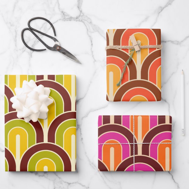 Retro Gradated Geometric Fan Pattern Wrapping Paper Sheets (Front)