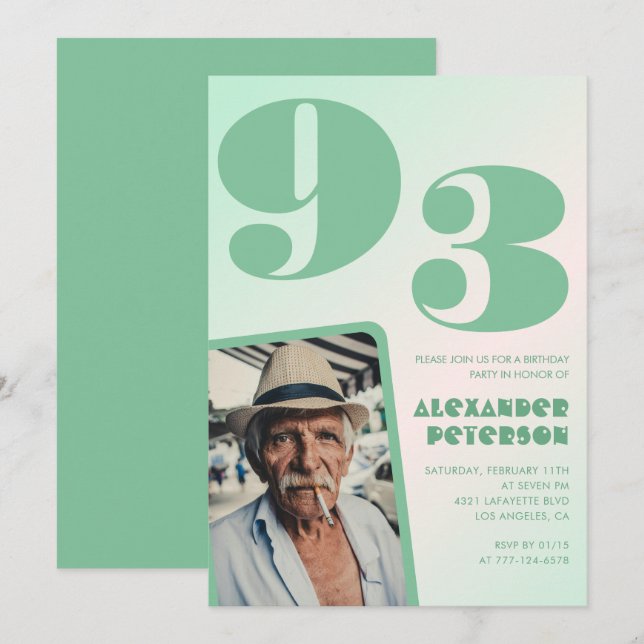 Retro Gradient for him Photo 93rd birthday Invitation (Front/Back)