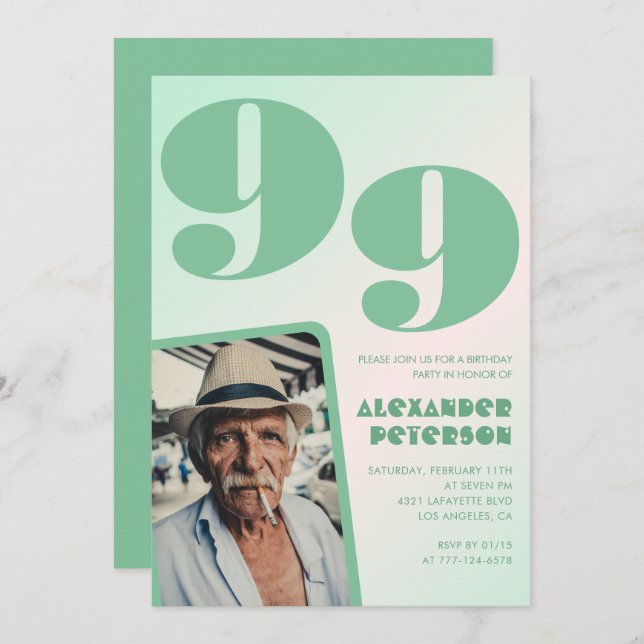 Retro Gradient for him Photo 99th birthday Invitation (Front/Back)