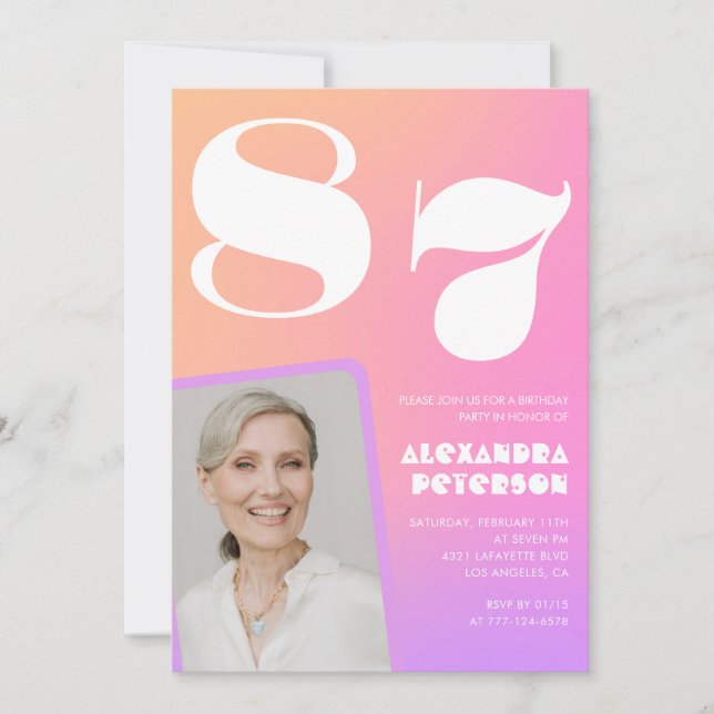 Retro Gradient Pink 87th birthday Invitation (Front)