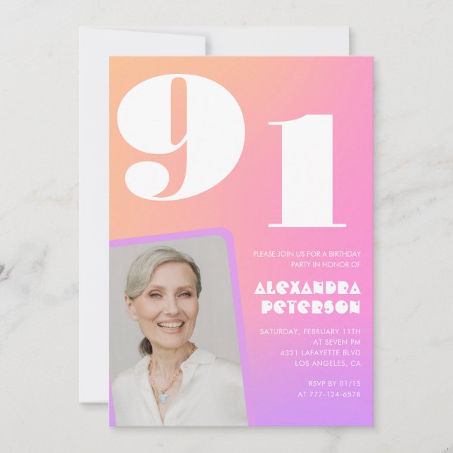 Retro Gradient Pink 91st birthday Invitation (Front)