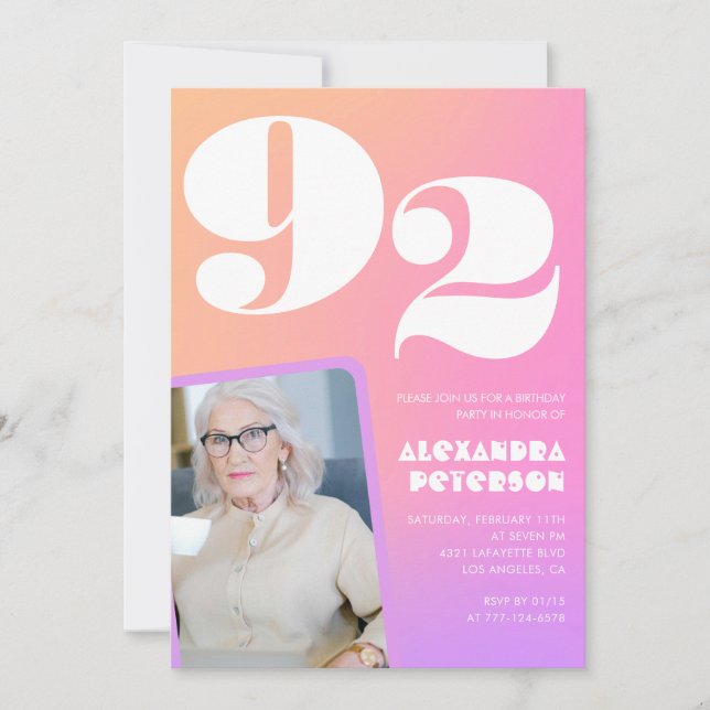 Retro Gradient Pink 92nd birthday Invitation (Front)