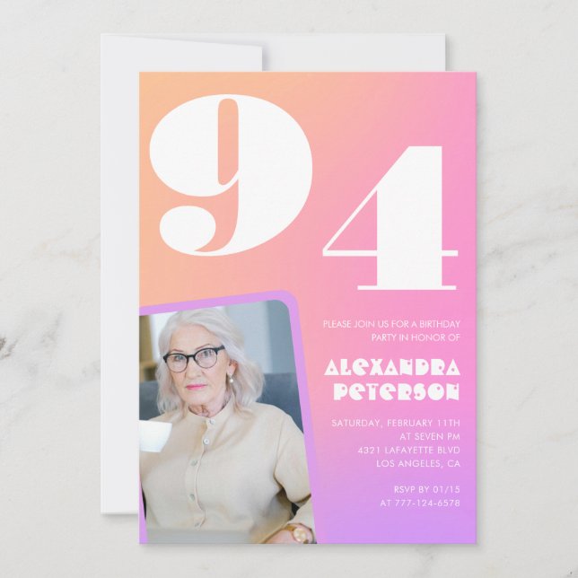 Retro Gradient Pink 94th birthday Invitation (Front)