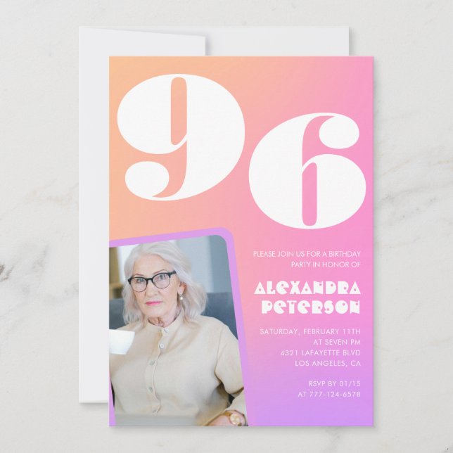 Retro Gradient Pink 96th birthday Invitation (Front)