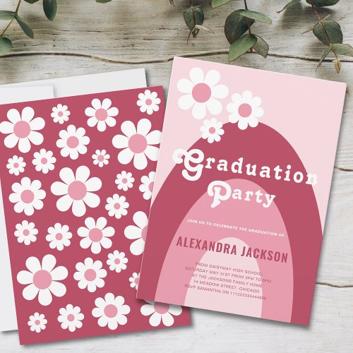 Retro Graduate Party Daisy Magenta Pink Invitation