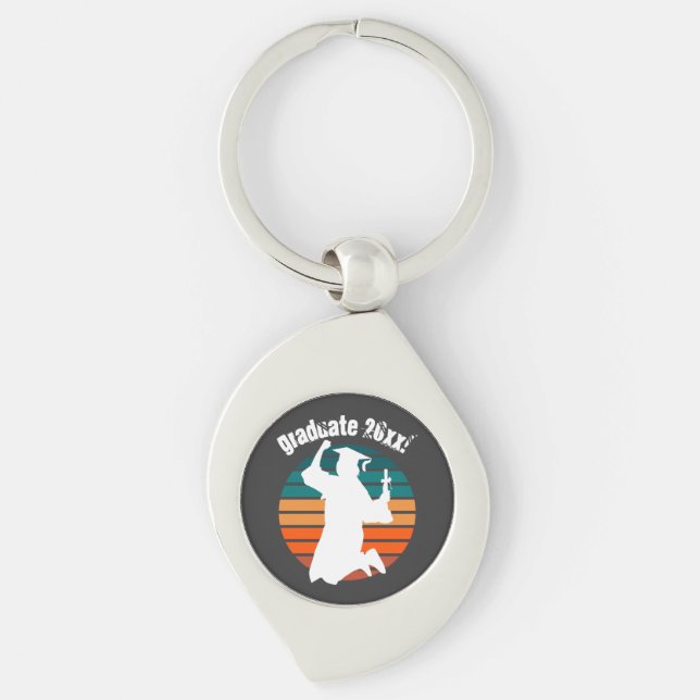 Retro Graduation Graduate Jumping for Joy Rainbow Keychain (Front)