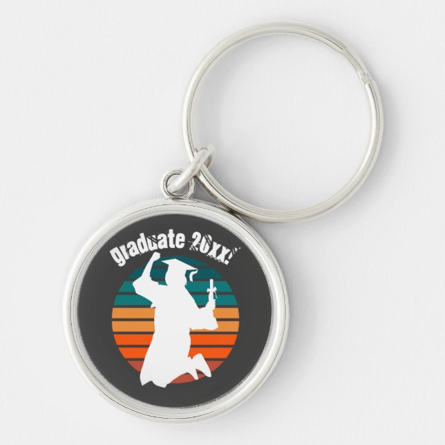 Retro Graduation Graduate Jumping for Joy Rainbow Keychain (Front)