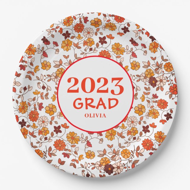 Retro Graduation Party Floral Paper Plates (Front)