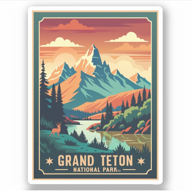 Retro Grand Teton Hike Sunset T-Shirt Sticker (Front)